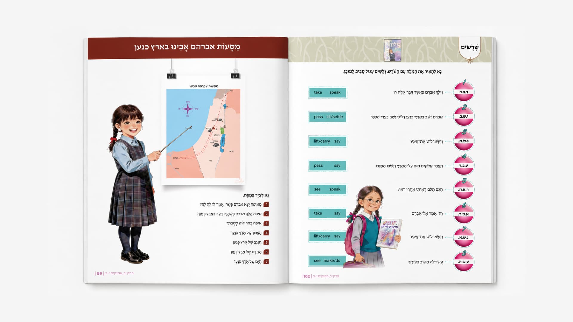 Tzemicha Chumash — workbook spread with map and roots pages
