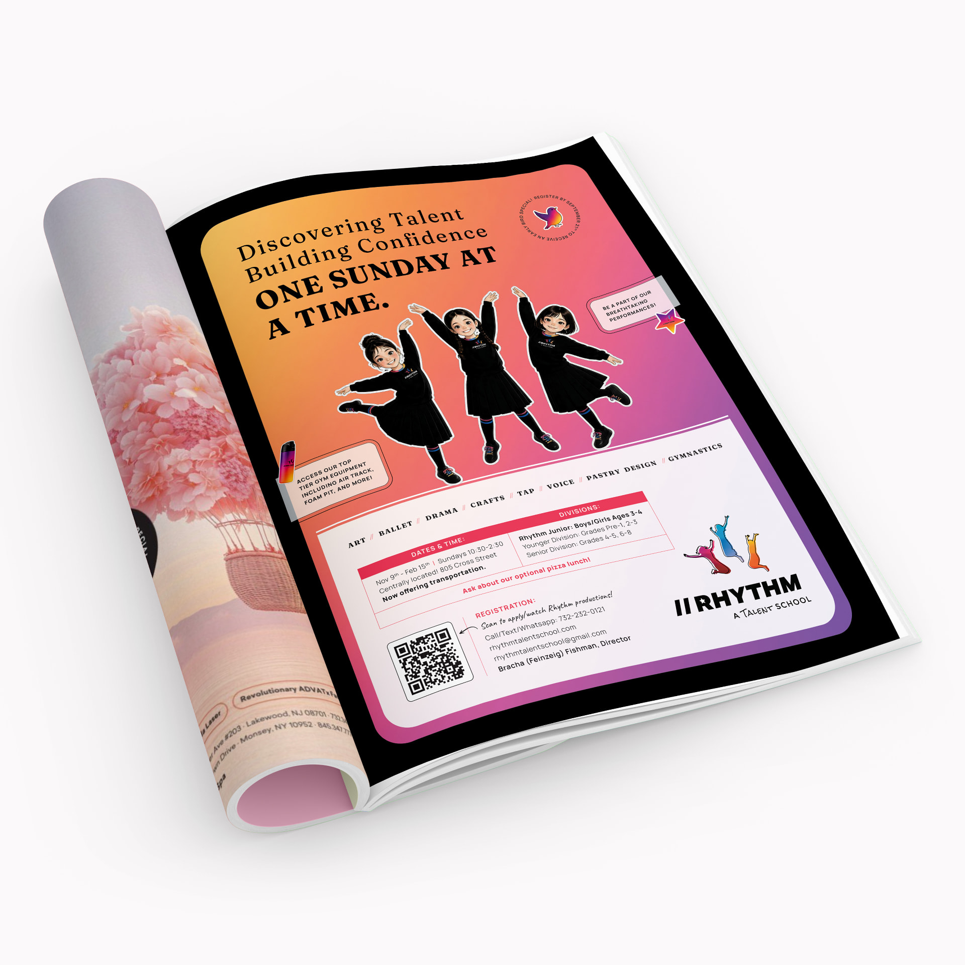 Rhythm Talent School — magazine spread mockup