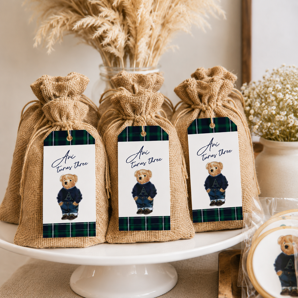Tartan Bear — burlap favor bags with tags