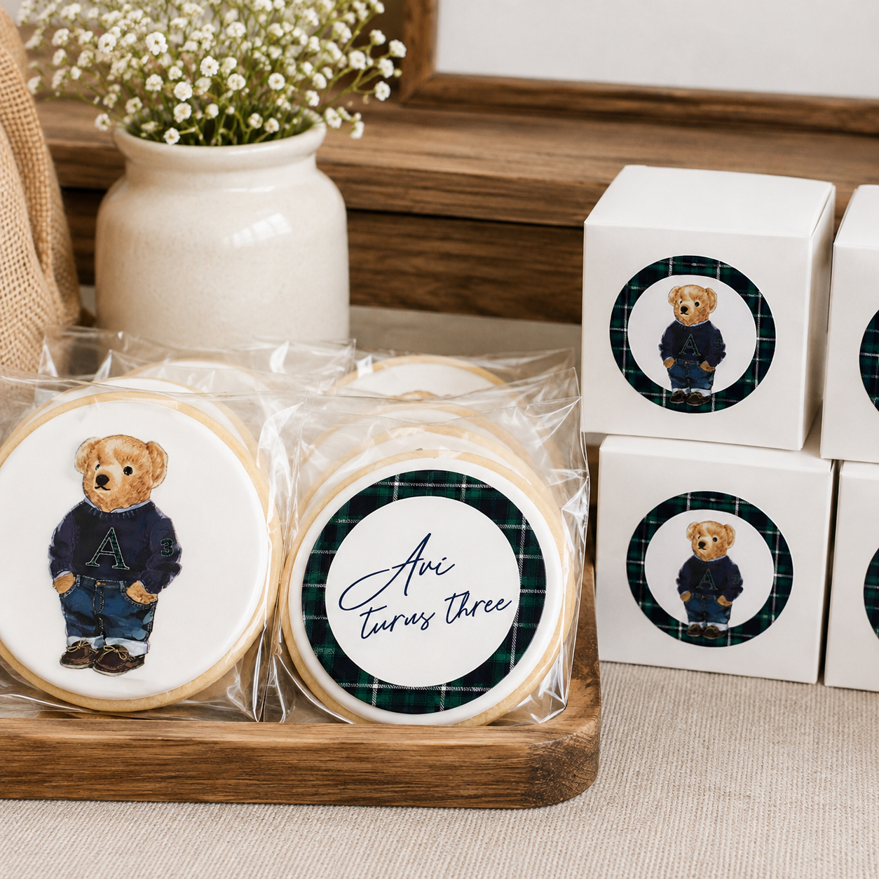 Tartan Bear — cookies and favor boxes
