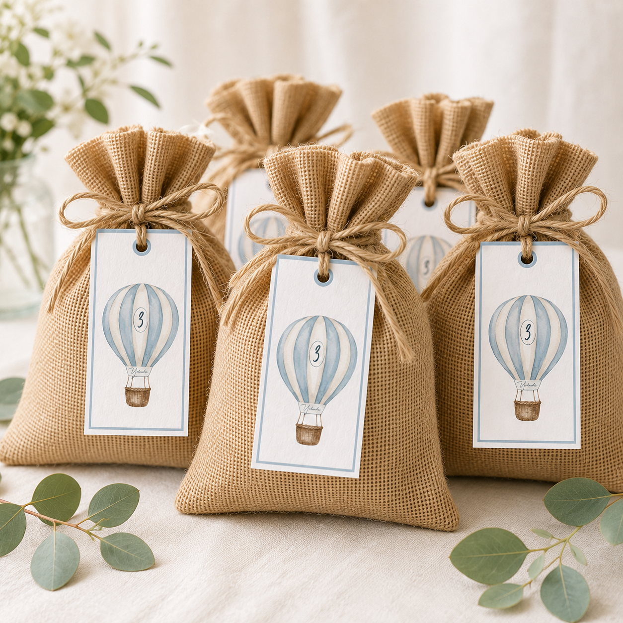 The Hot Air Balloon — burlap favor bags with tags