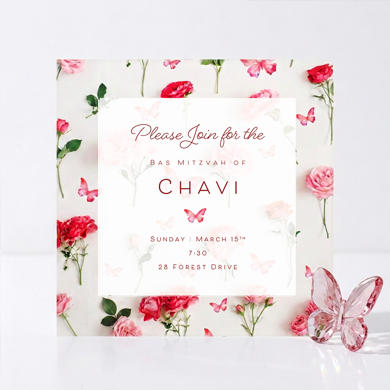 Floral & Butterflies Bas Mitzvah invitation