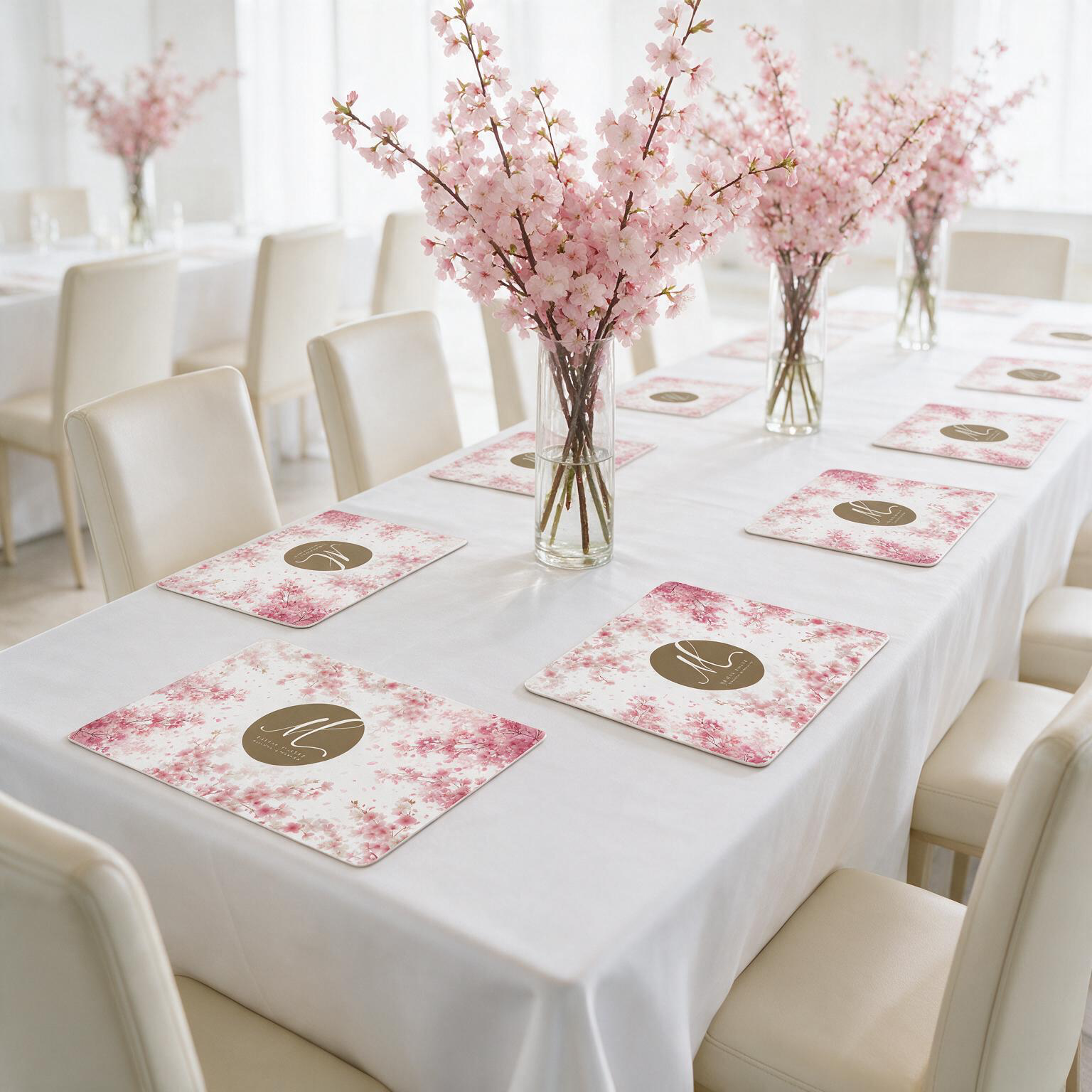 Cherry Blossom — branded placemats on the tablescape