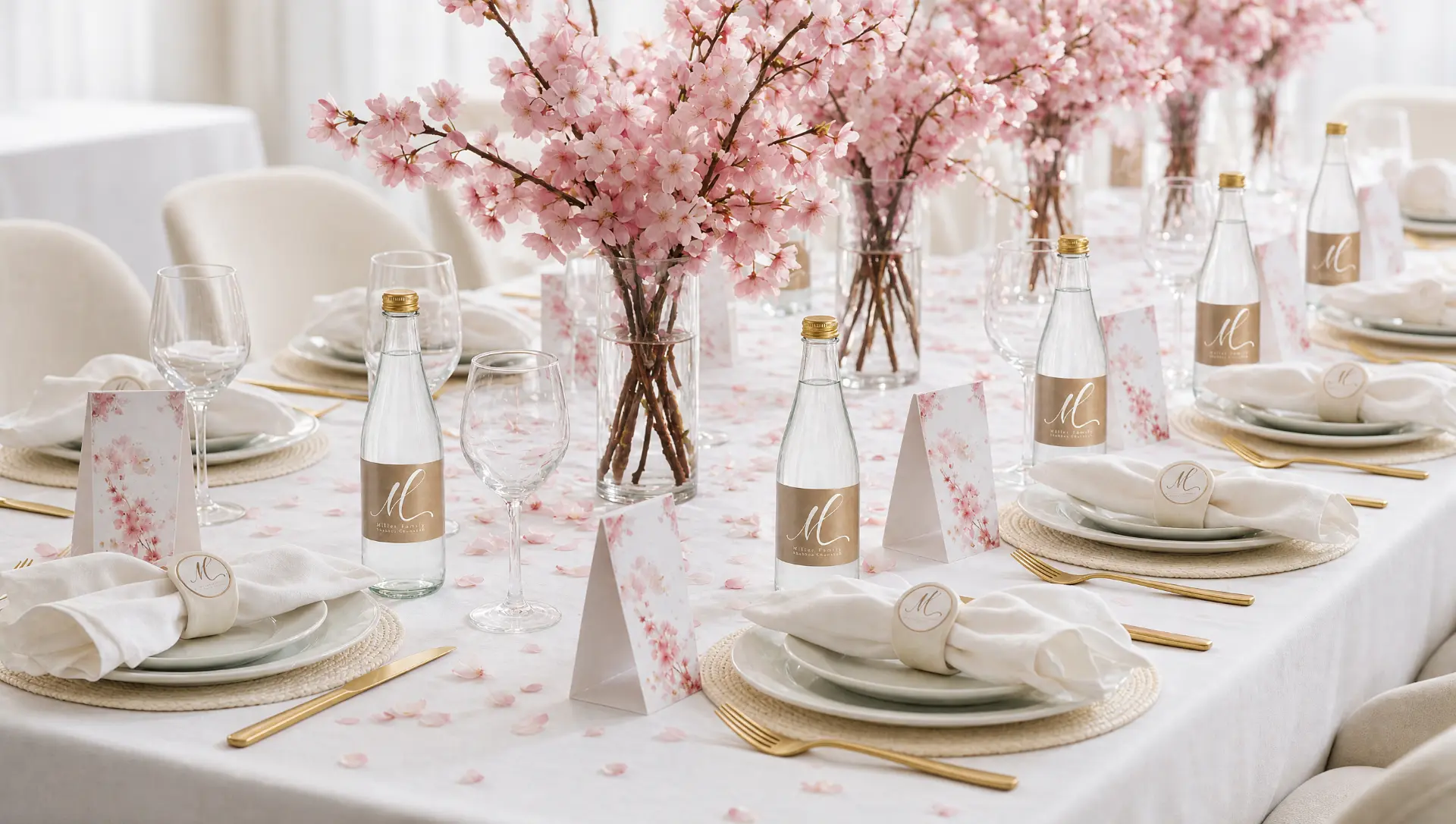 Cherry Blossom — tablescape with branded bottles, place cards and napkin rings