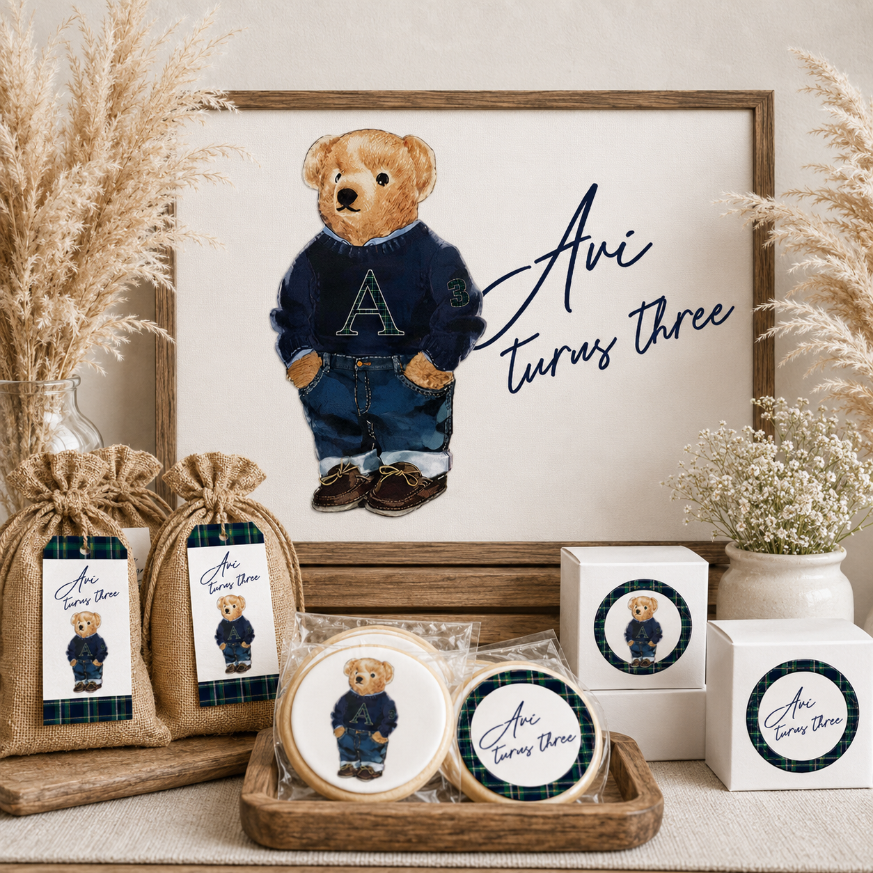Tartan Bear upsherin — framed hero and party goods